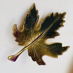 Enamel Leaf Brooch Lapel Pin Gold Tone Metal Accent Brown Black Autumn Fall 1496